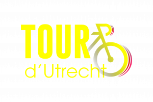 Het logo van de Tour d'Utrecht met de woorden Tour d'Utrecht in het geel uitgeschreven en het voorwiel van een racefiets aan de rechterkant zichtbaar. 